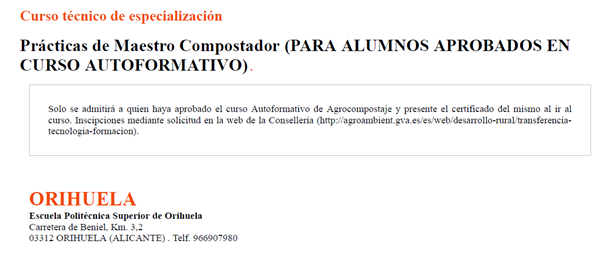  PRÁCTICAS DE MAESTRO COMPOSTADOR (PARA ALUMNOS APROBADOS EN CURSO AUTOFORMATIVO) - Del 20.10.2022 al 21.10.2022
